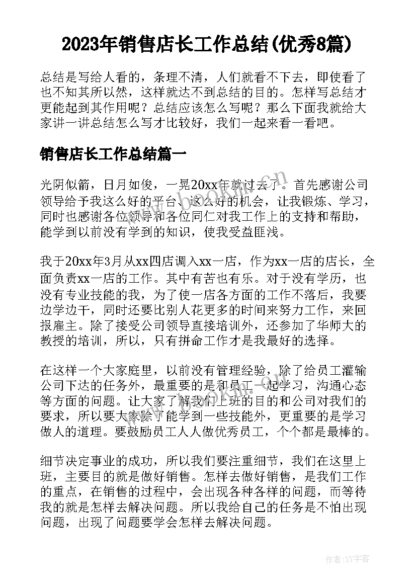 2023年销售店长工作总结(优秀8篇)