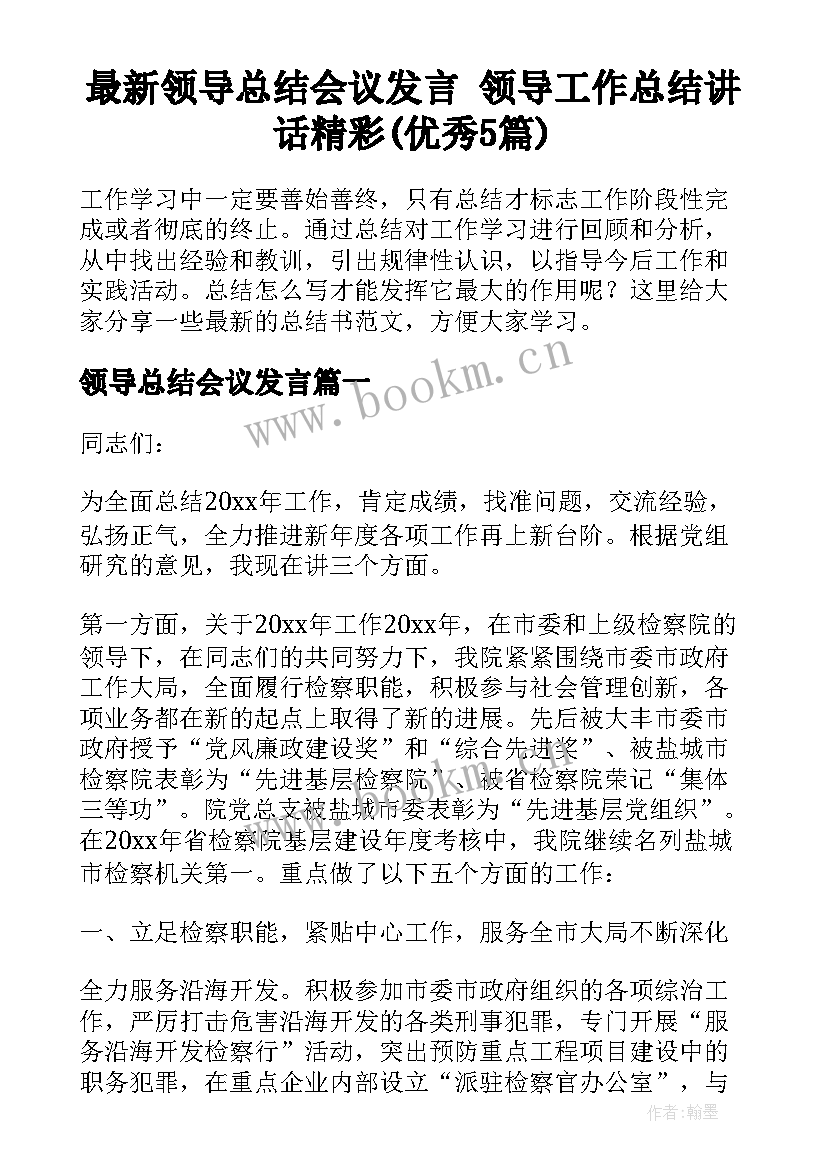 最新领导总结会议发言 领导工作总结讲话精彩(优秀5篇)