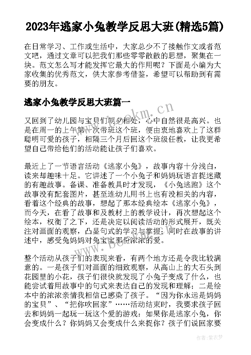 2023年逃家小兔教学反思大班(精选5篇)