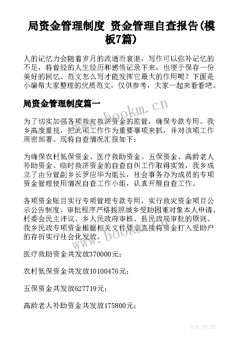 局资金管理制度 资金管理自查报告(模板7篇)