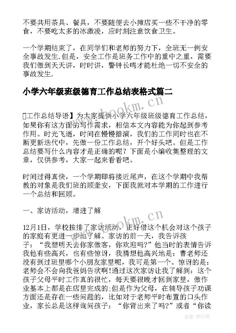 最新小学六年级班级德育工作总结表格式 小学六年级班级德育工作总结(模板7篇)