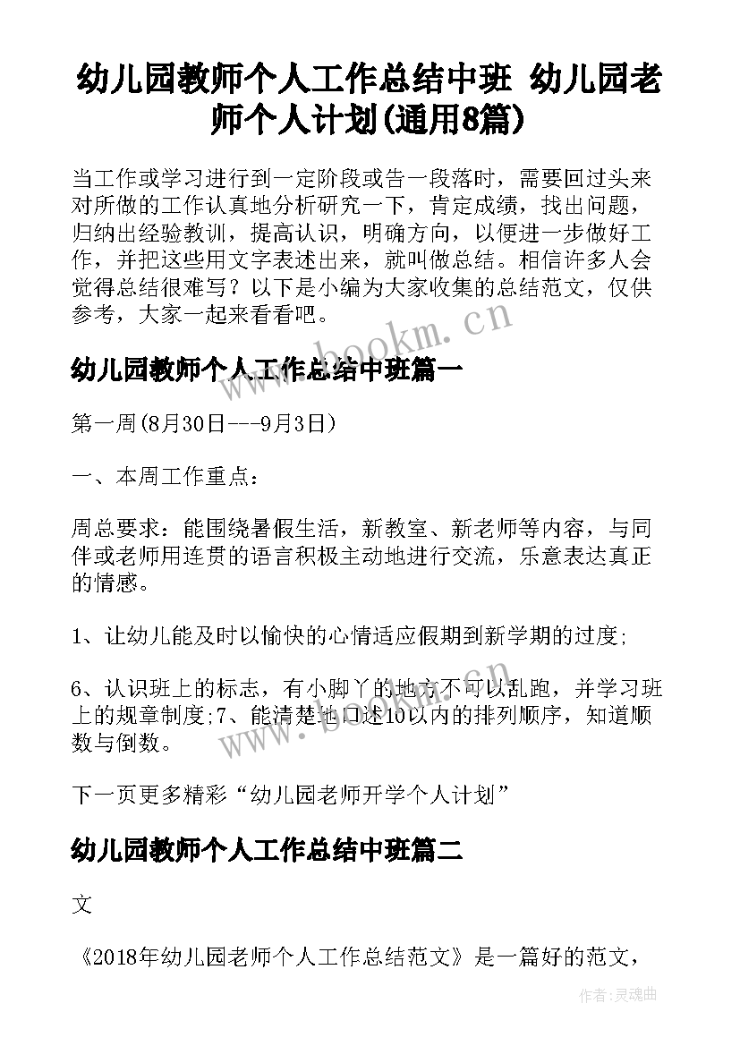 幼儿园教师个人工作总结中班 幼儿园老师个人计划(通用8篇)