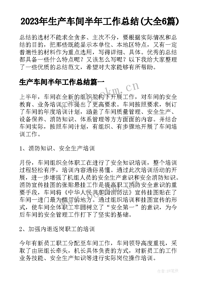 2023年生产车间半年工作总结(大全6篇)