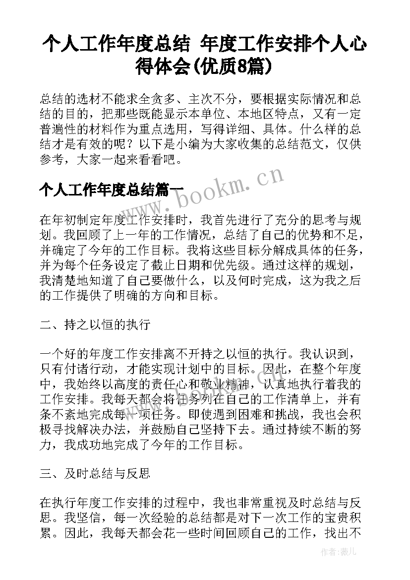 个人工作年度总结 年度工作安排个人心得体会(优质8篇)