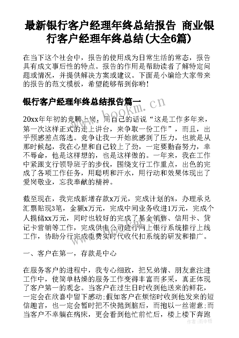 最新银行客户经理年终总结报告 商业银行客户经理年终总结(大全6篇)