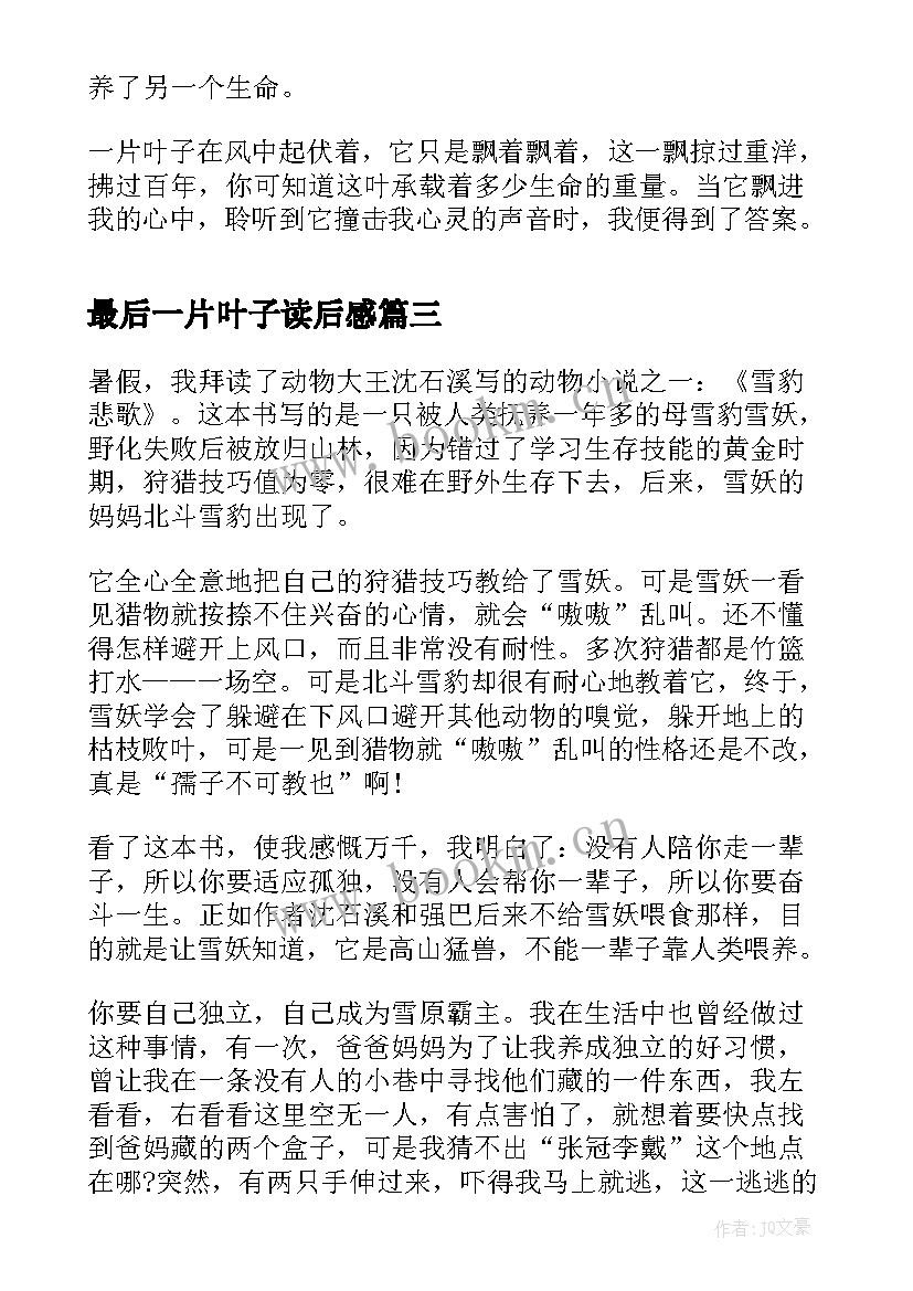 最后一片叶子读后感 最后的一片叶子心得体会(实用5篇)