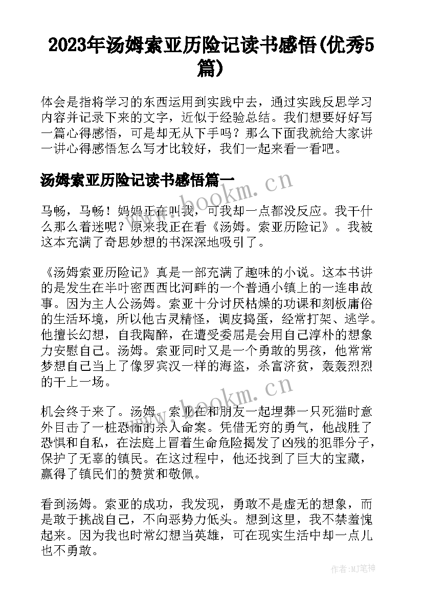 2023年汤姆索亚历险记读书感悟(优秀5篇)