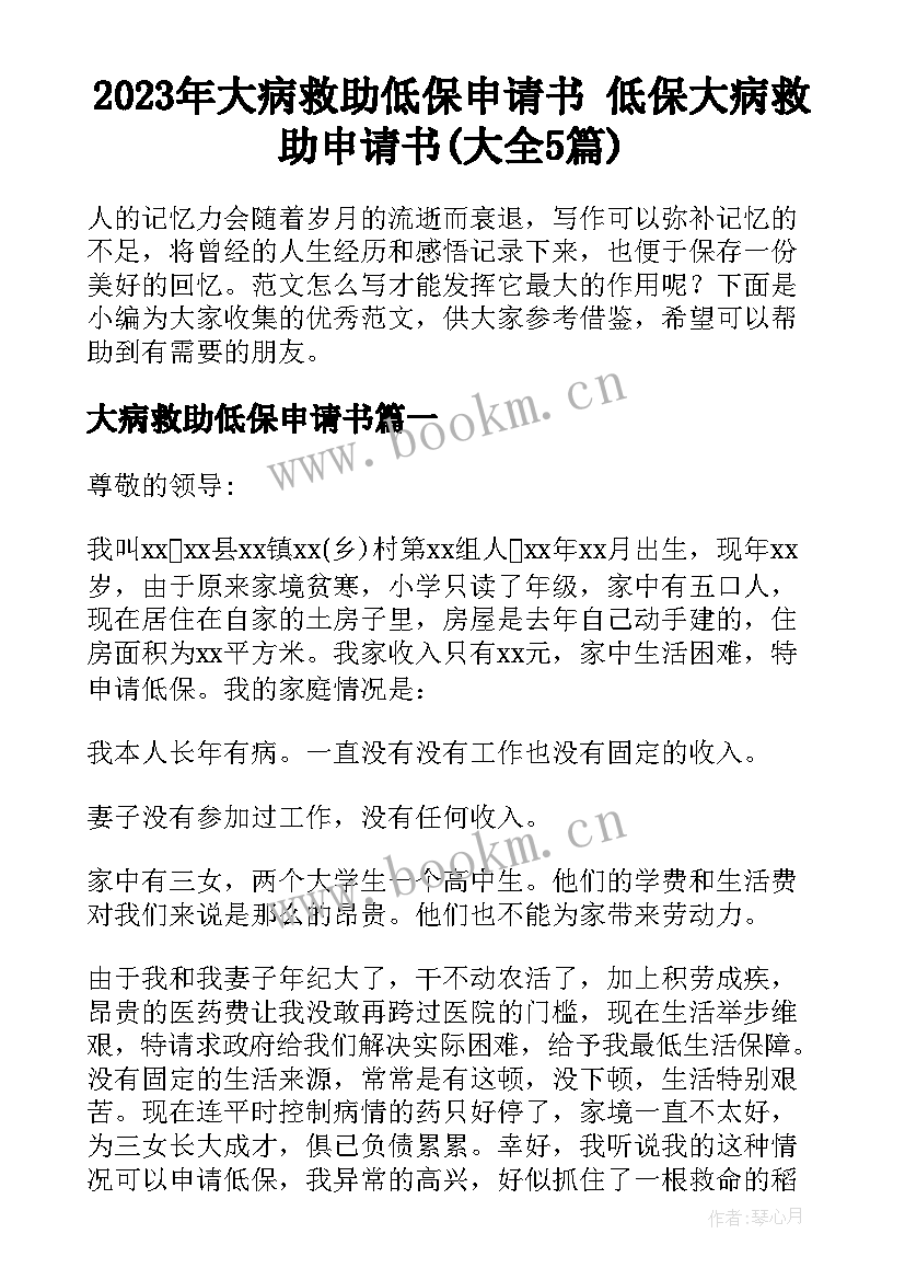 2023年大病救助低保申请书 低保大病救助申请书(大全5篇)