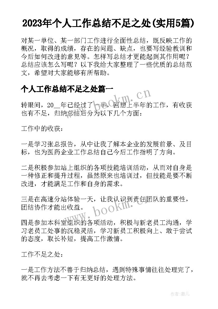 2023年个人工作总结不足之处(实用5篇)