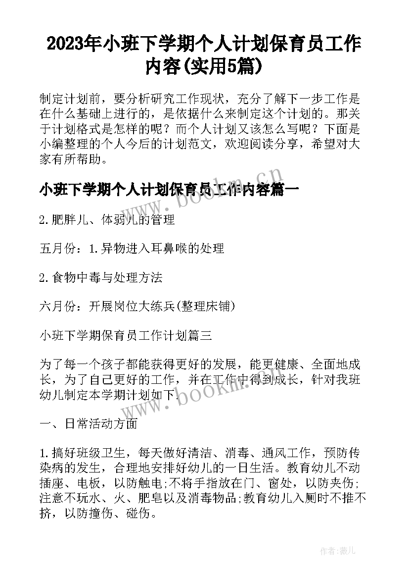 2023年小班下学期个人计划保育员工作内容(实用5篇)