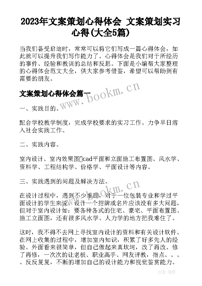 2023年文案策划心得体会 文案策划实习心得(大全5篇)