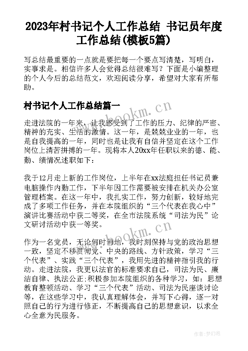 2023年村书记个人工作总结 书记员年度工作总结(模板5篇)