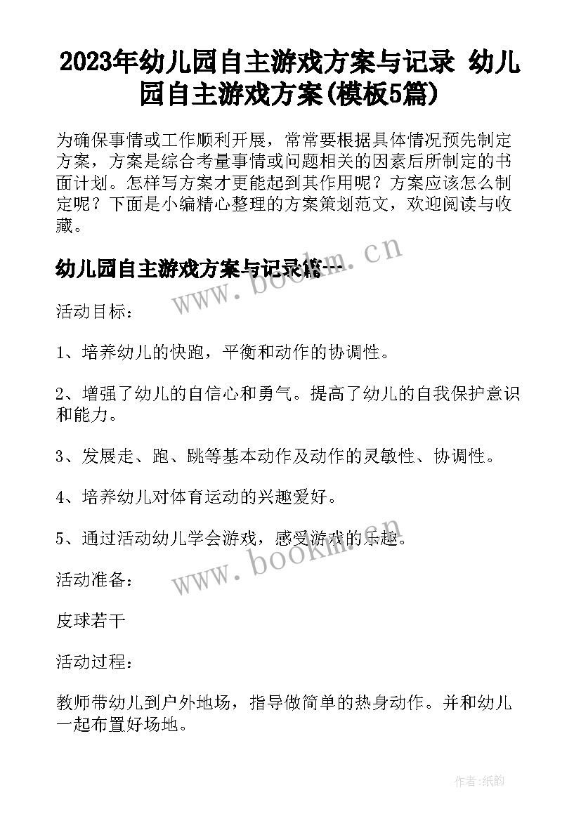 2023年幼儿园自主游戏方案与记录 幼儿园自主游戏方案(模板5篇)