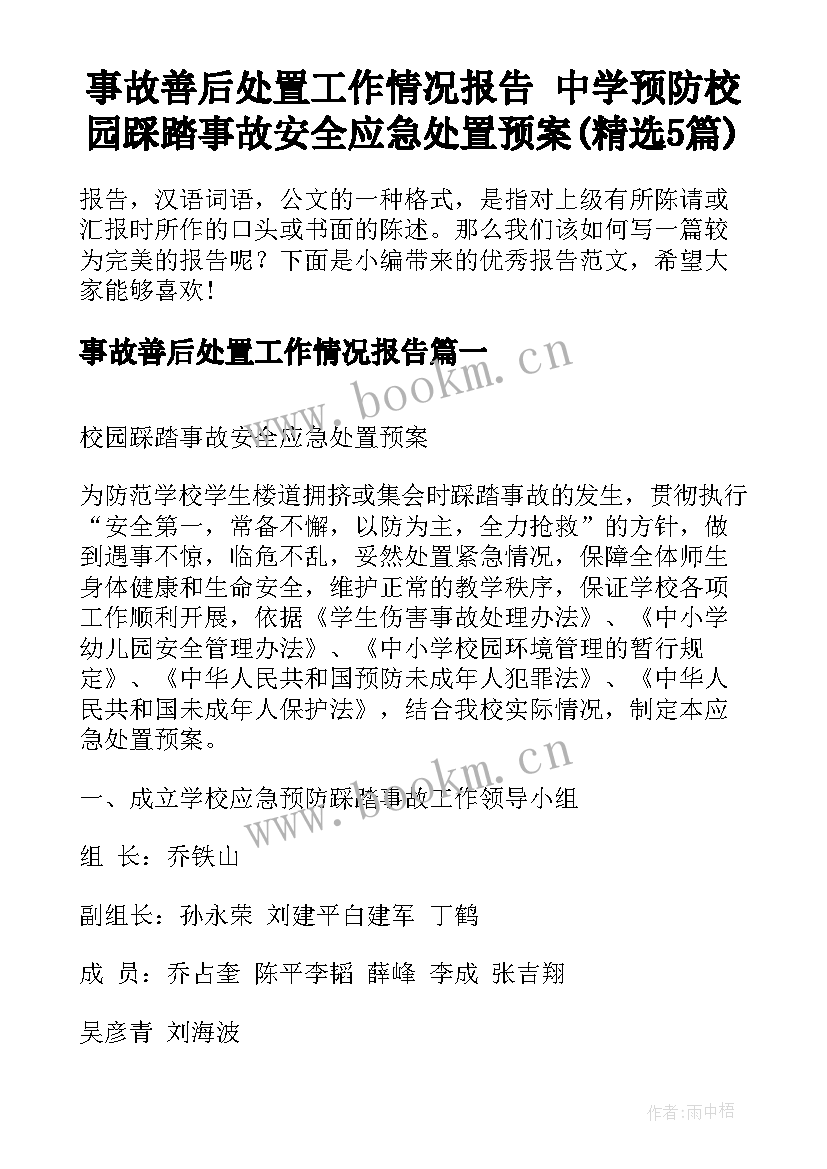 事故善后处置工作情况报告 中学预防校园踩踏事故安全应急处置预案(精选5篇)