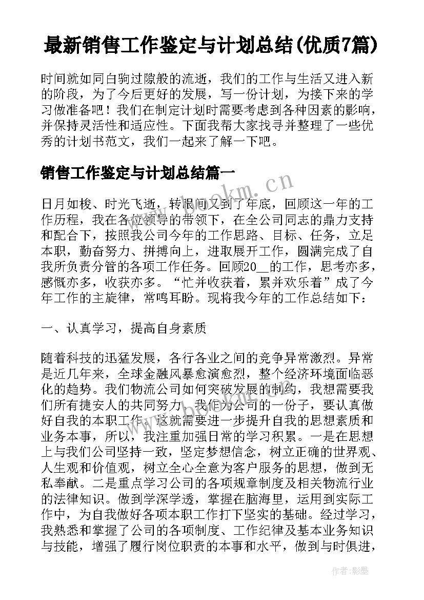 最新销售工作鉴定与计划总结(优质7篇)