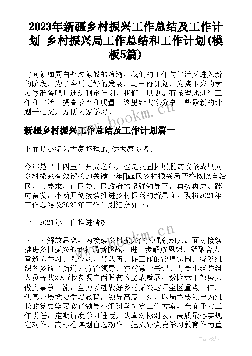 2023年新疆乡村振兴工作总结及工作计划 乡村振兴局工作总结和工作计划(模板5篇)