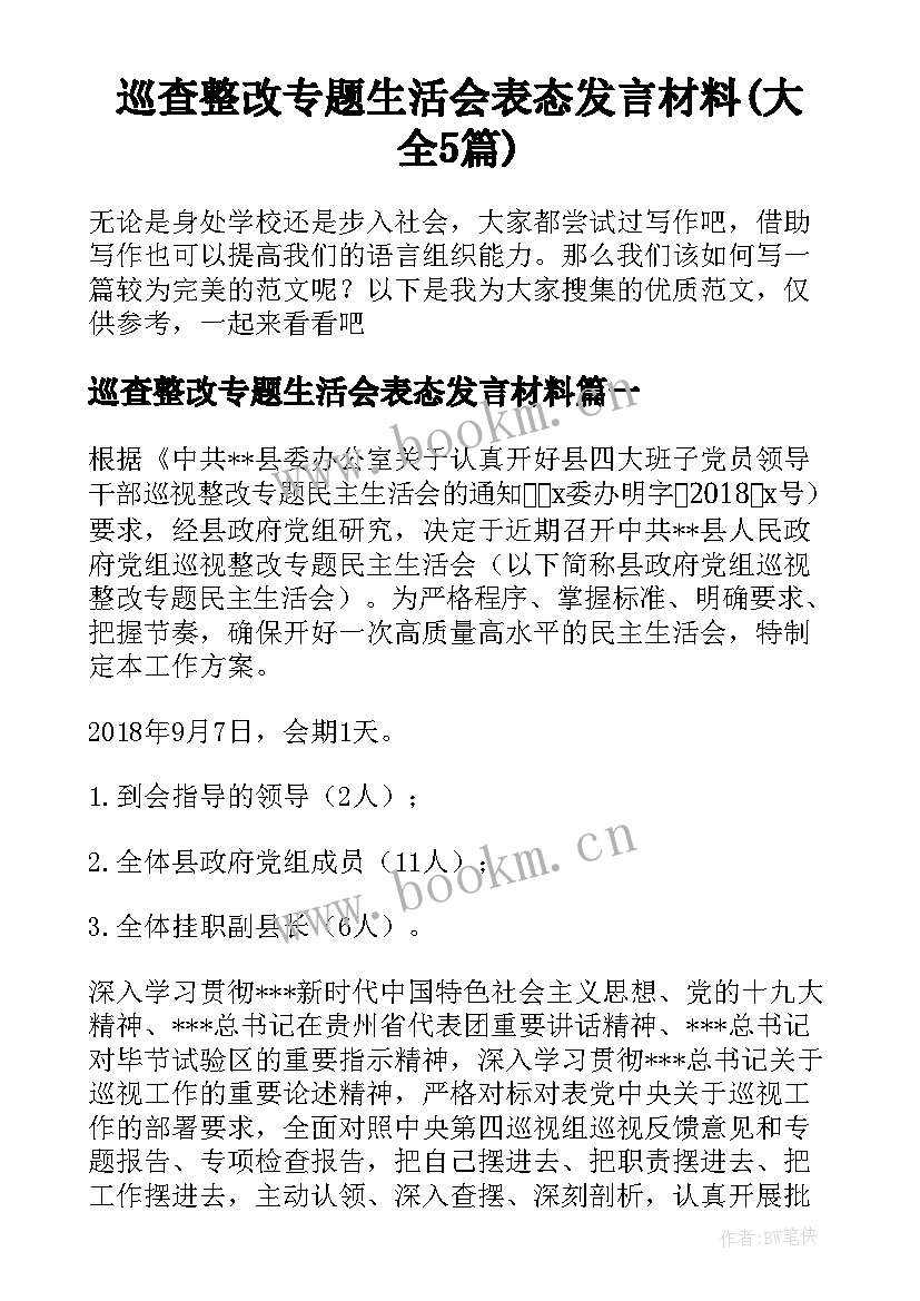 巡查整改专题生活会表态发言材料(大全5篇)