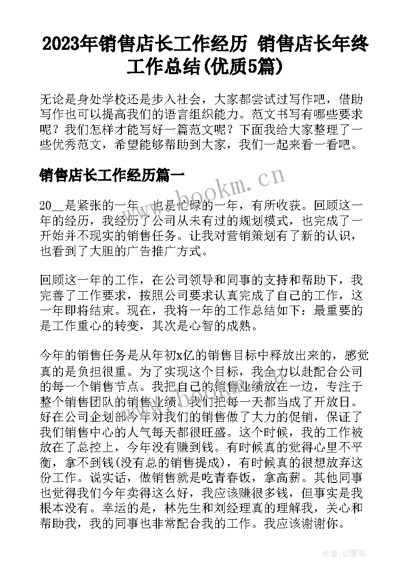 2023年销售店长工作经历 销售店长年终工作总结(优质5篇)