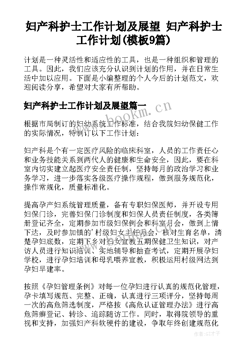 妇产科护士工作计划及展望 妇产科护士工作计划(模板9篇)