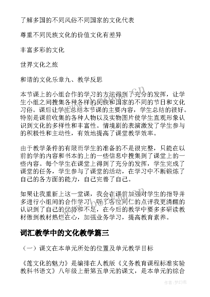 2023年词汇教学中的文化教学 世界文化之旅教学反思(模板5篇)