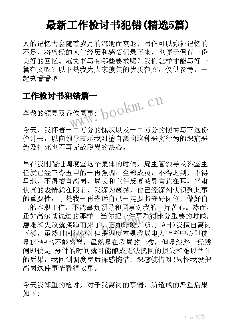 最新工作检讨书犯错(精选5篇)