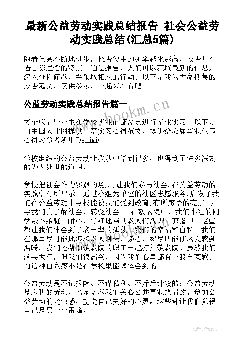 最新公益劳动实践总结报告 社会公益劳动实践总结(汇总5篇)