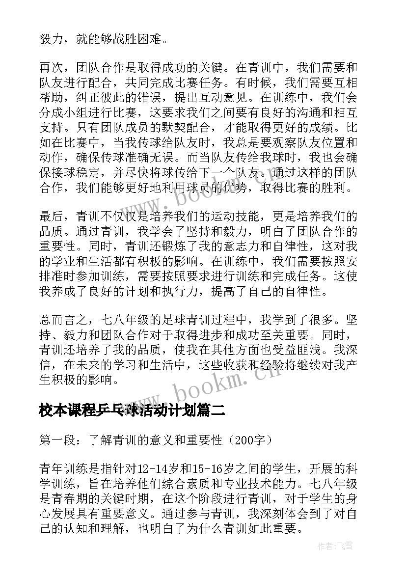 最新校本课程乒乓球活动计划 七八年级青训心得体会(通用5篇)