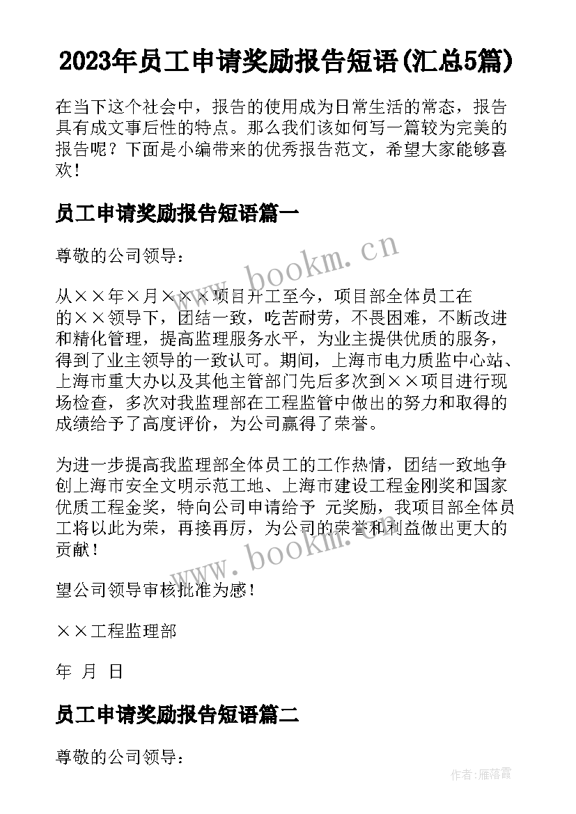 2023年员工申请奖励报告短语(汇总5篇)