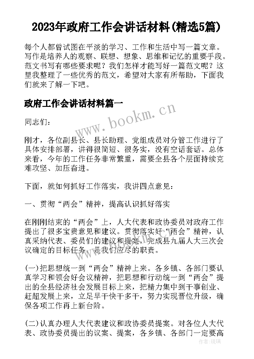 2023年政府工作会讲话材料(精选5篇)