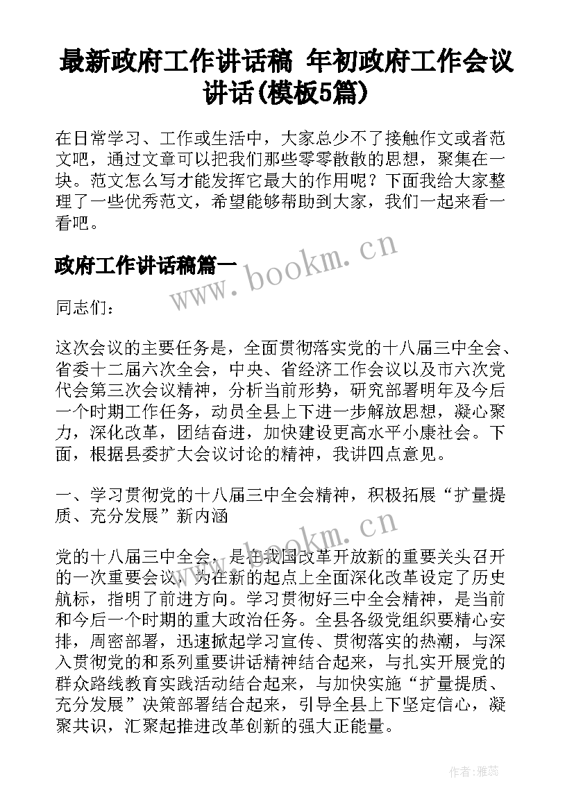 最新政府工作讲话稿 年初政府工作会议讲话(模板5篇)