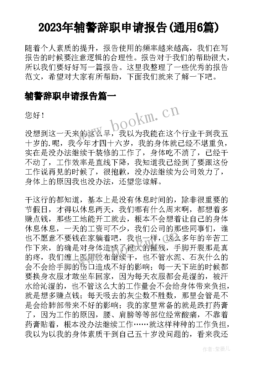 2023年辅警辞职申请报告(通用6篇)