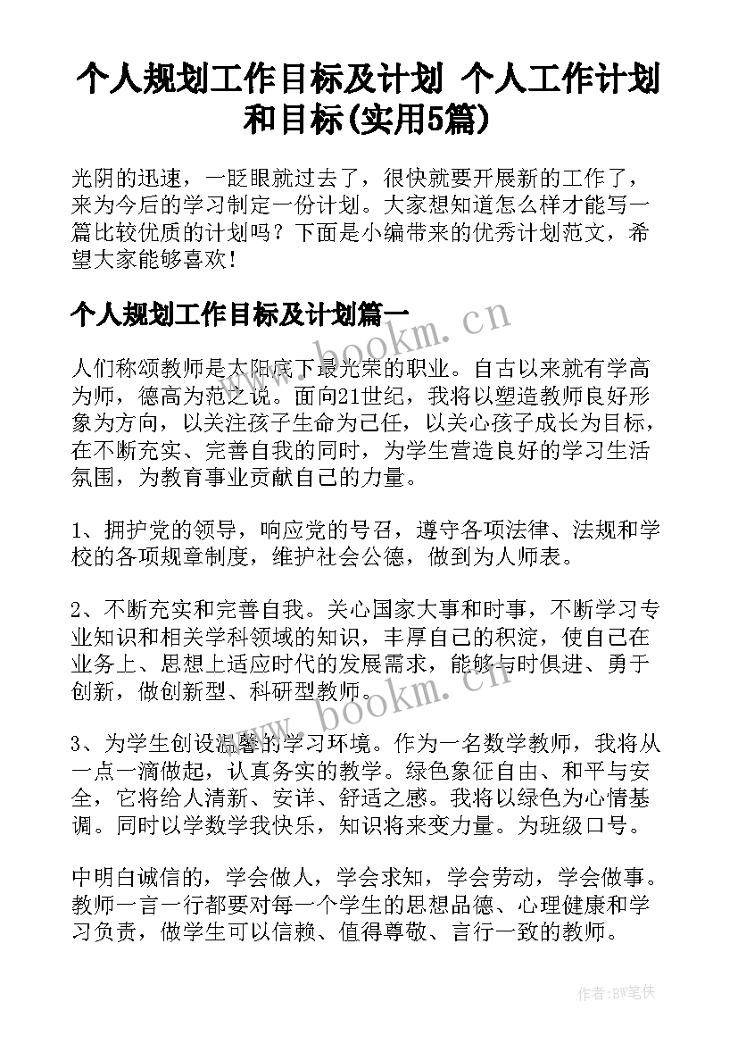 个人规划工作目标及计划 个人工作计划和目标(实用5篇)