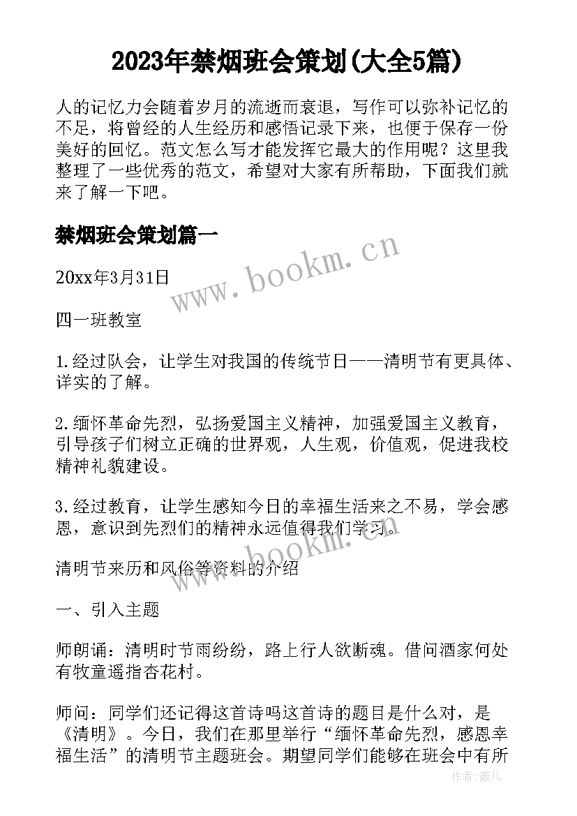 2023年禁烟班会策划(大全5篇)