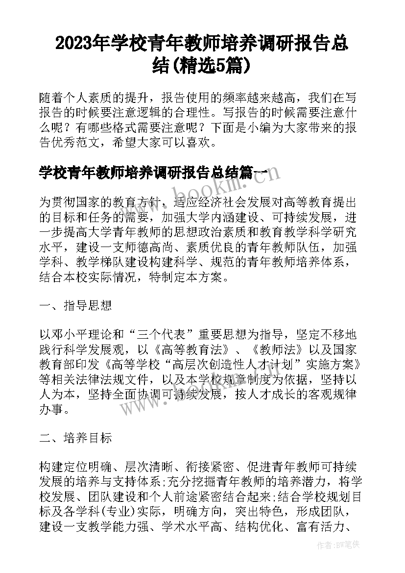 2023年学校青年教师培养调研报告总结(精选5篇)