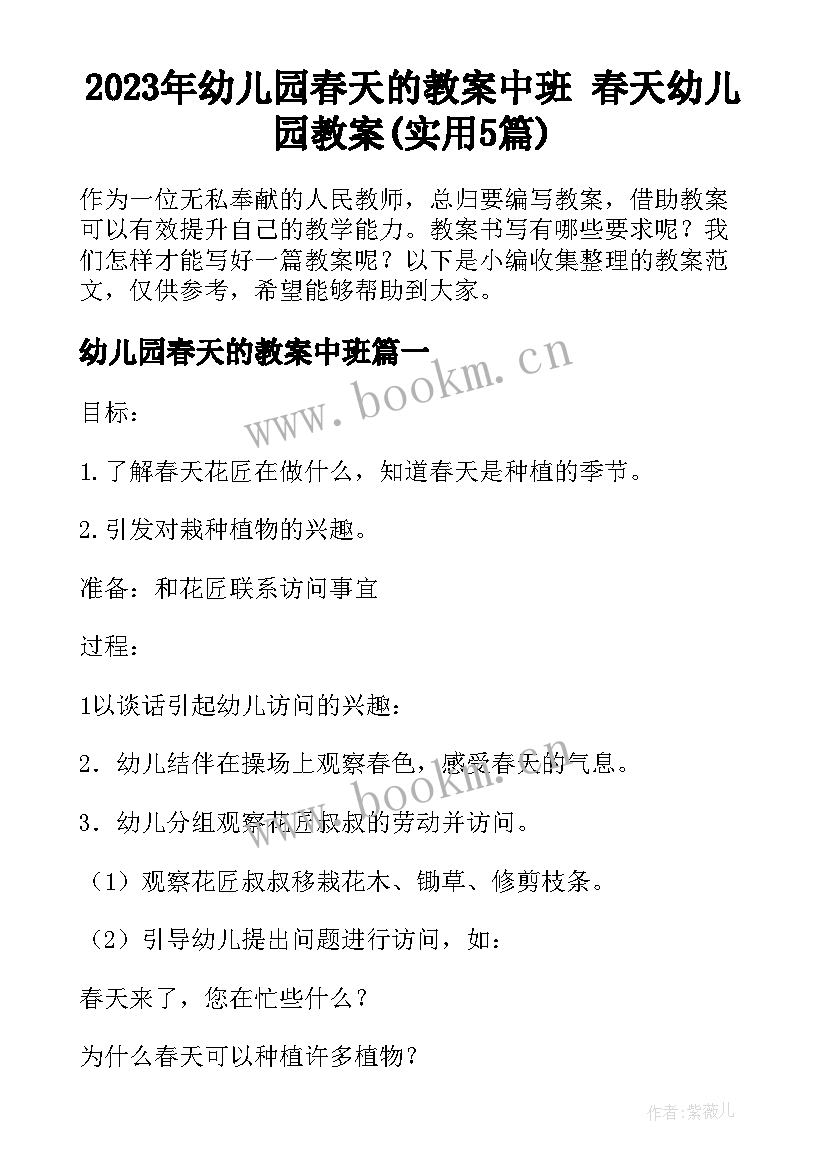 2023年幼儿园春天的教案中班 春天幼儿园教案(实用5篇)