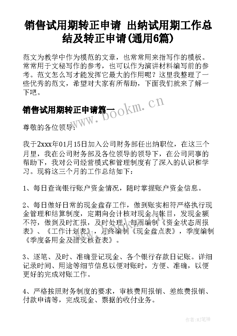 销售试用期转正申请 出纳试用期工作总结及转正申请(通用6篇)