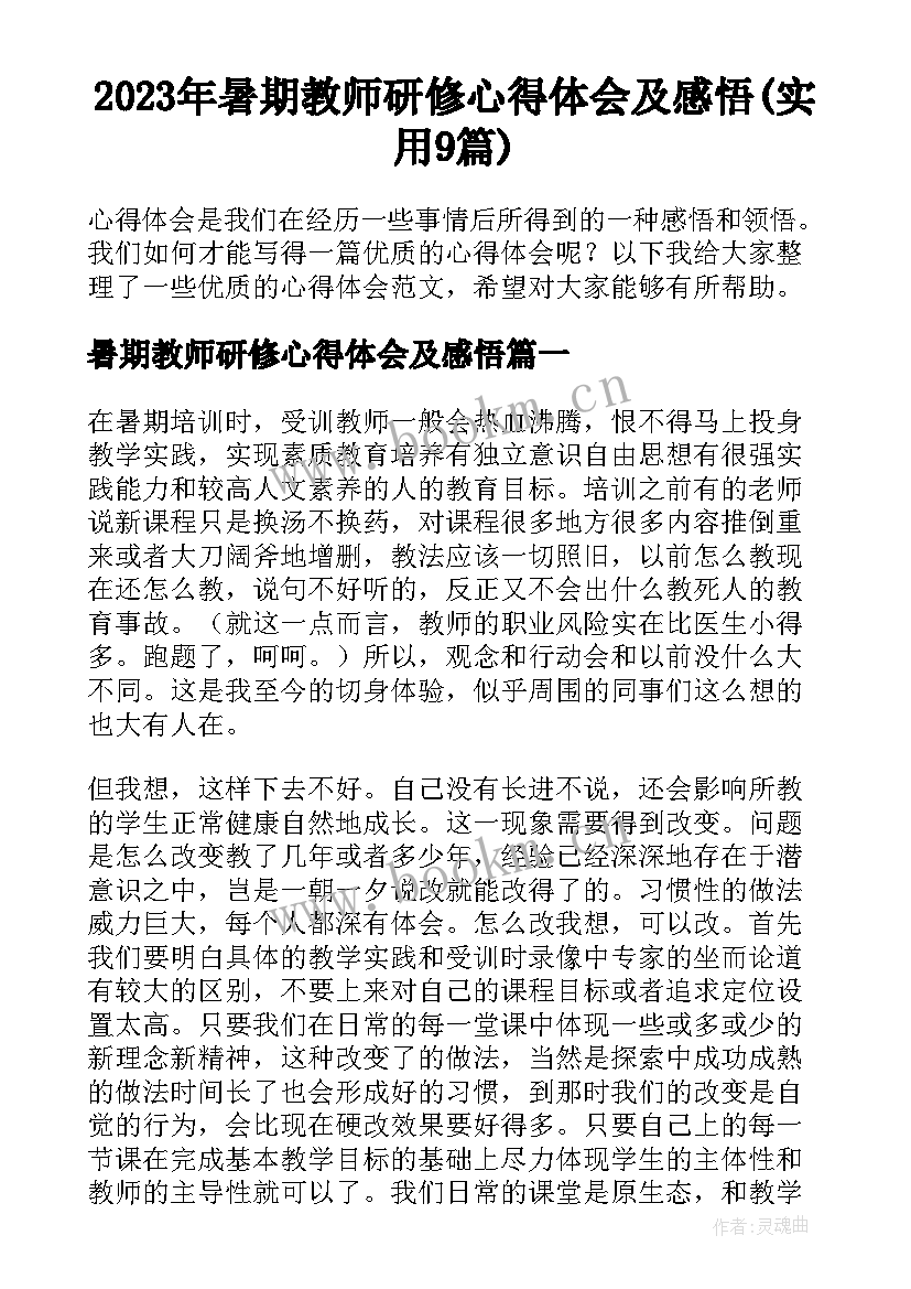 2023年暑期教师研修心得体会及感悟(实用9篇)