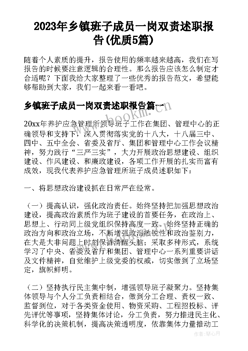 2023年乡镇班子成员一岗双责述职报告(优质5篇)