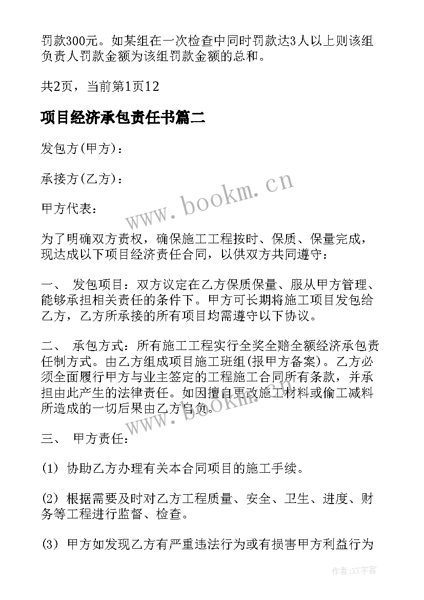 项目经济承包责任书 项目经济承包合同(大全10篇)