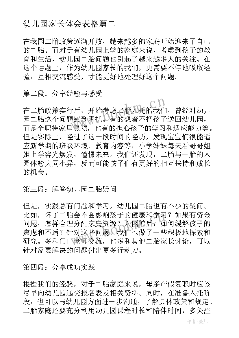 2023年幼儿园家长体会表格(大全9篇)