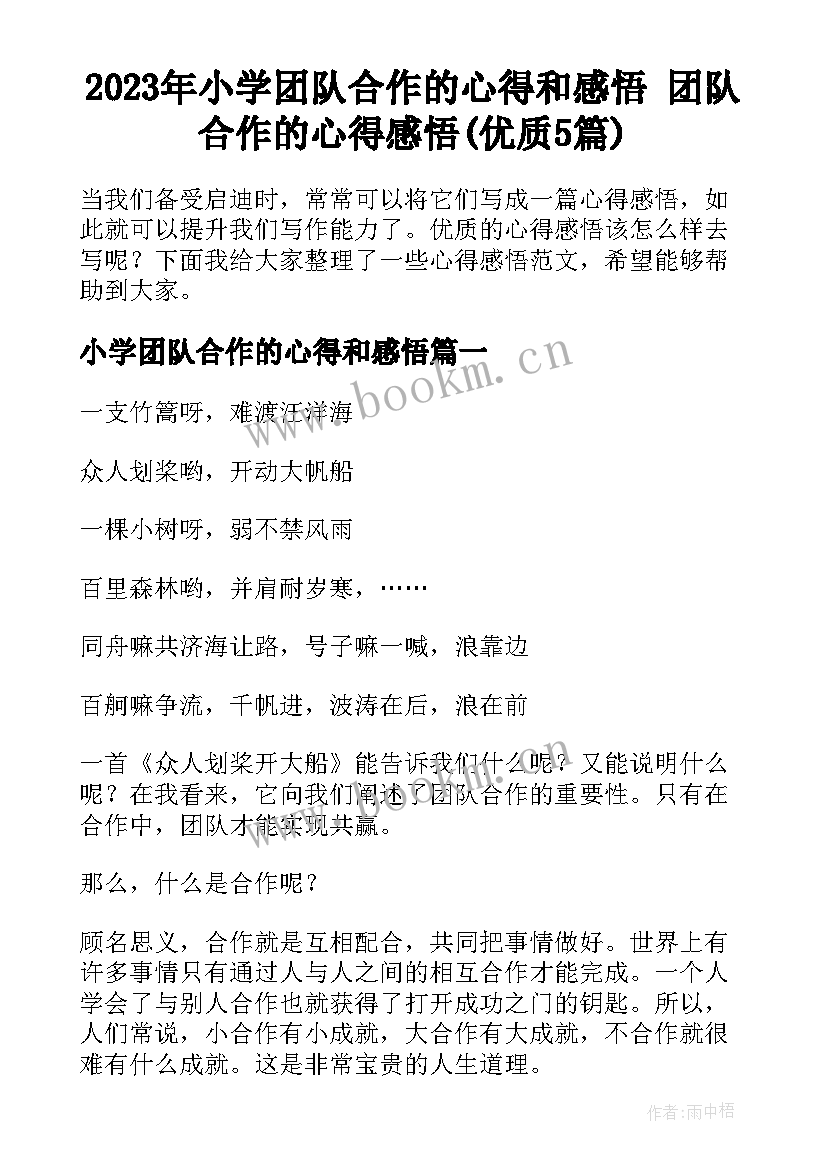 2023年小学团队合作的心得和感悟 团队合作的心得感悟(优质5篇)