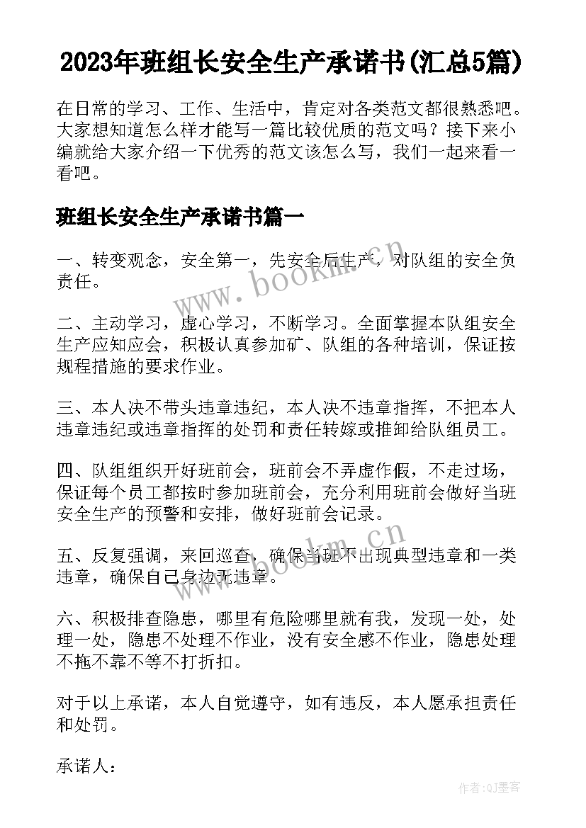 2023年班组长安全生产承诺书(汇总5篇)