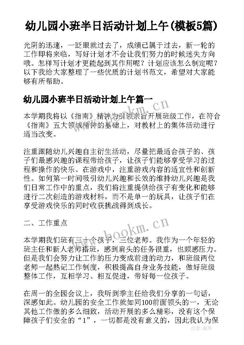 幼儿园小班半日活动计划上午(模板5篇)