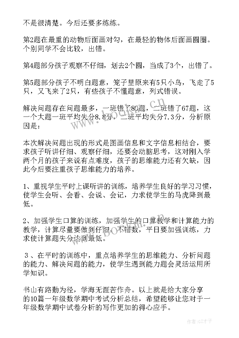 小学一年级数学期试分析总结 一年级数学期末试卷分析(实用7篇)