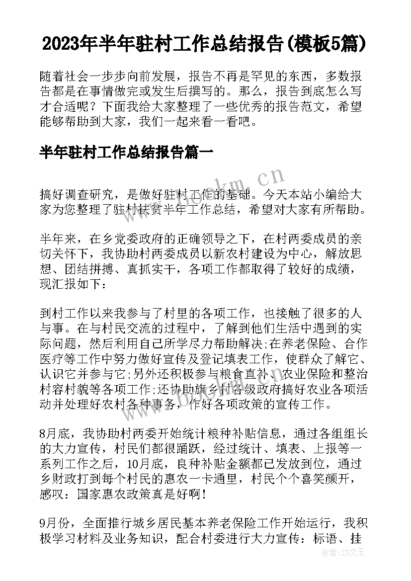 2023年半年驻村工作总结报告(模板5篇)