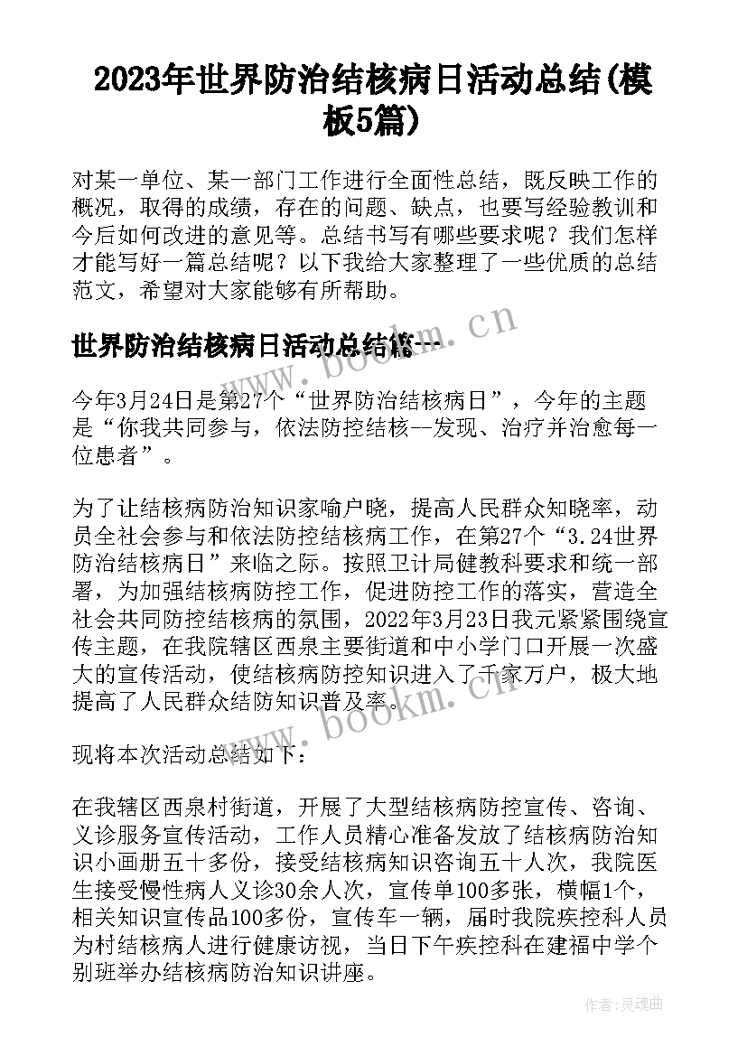 2023年世界防治结核病日活动总结(模板5篇)