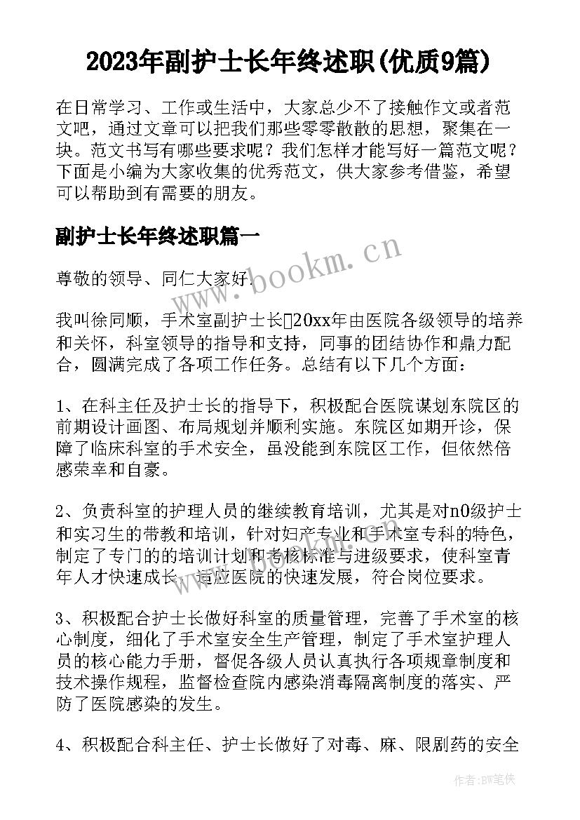 2023年副护士长年终述职(优质9篇)