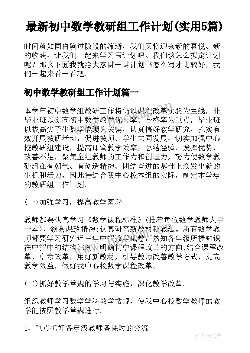 最新初中数学教研组工作计划(实用5篇)