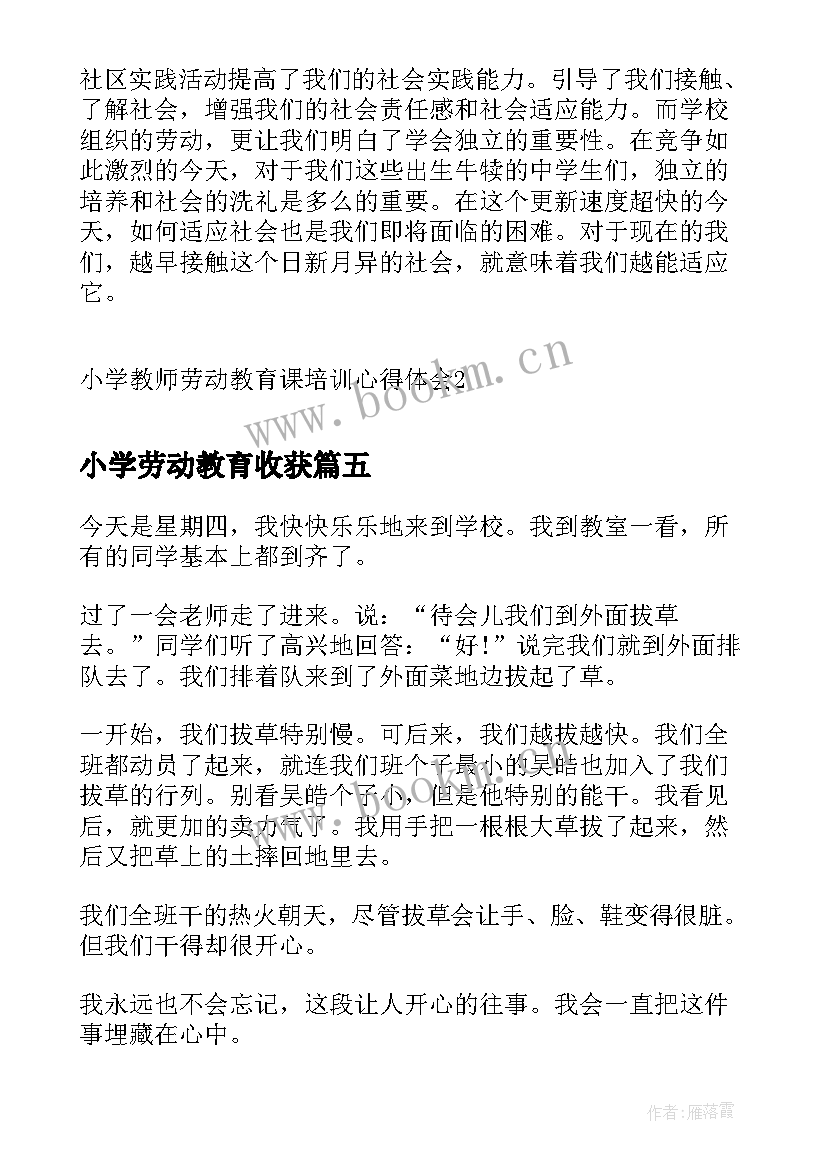 2023年小学劳动教育收获 小学劳动教育心得体会(大全10篇)