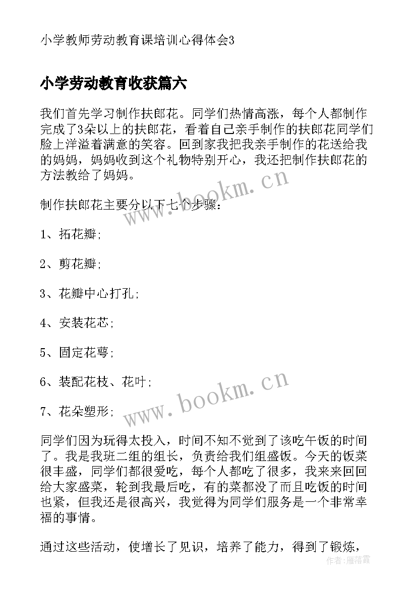 2023年小学劳动教育收获 小学劳动教育心得体会(大全10篇)